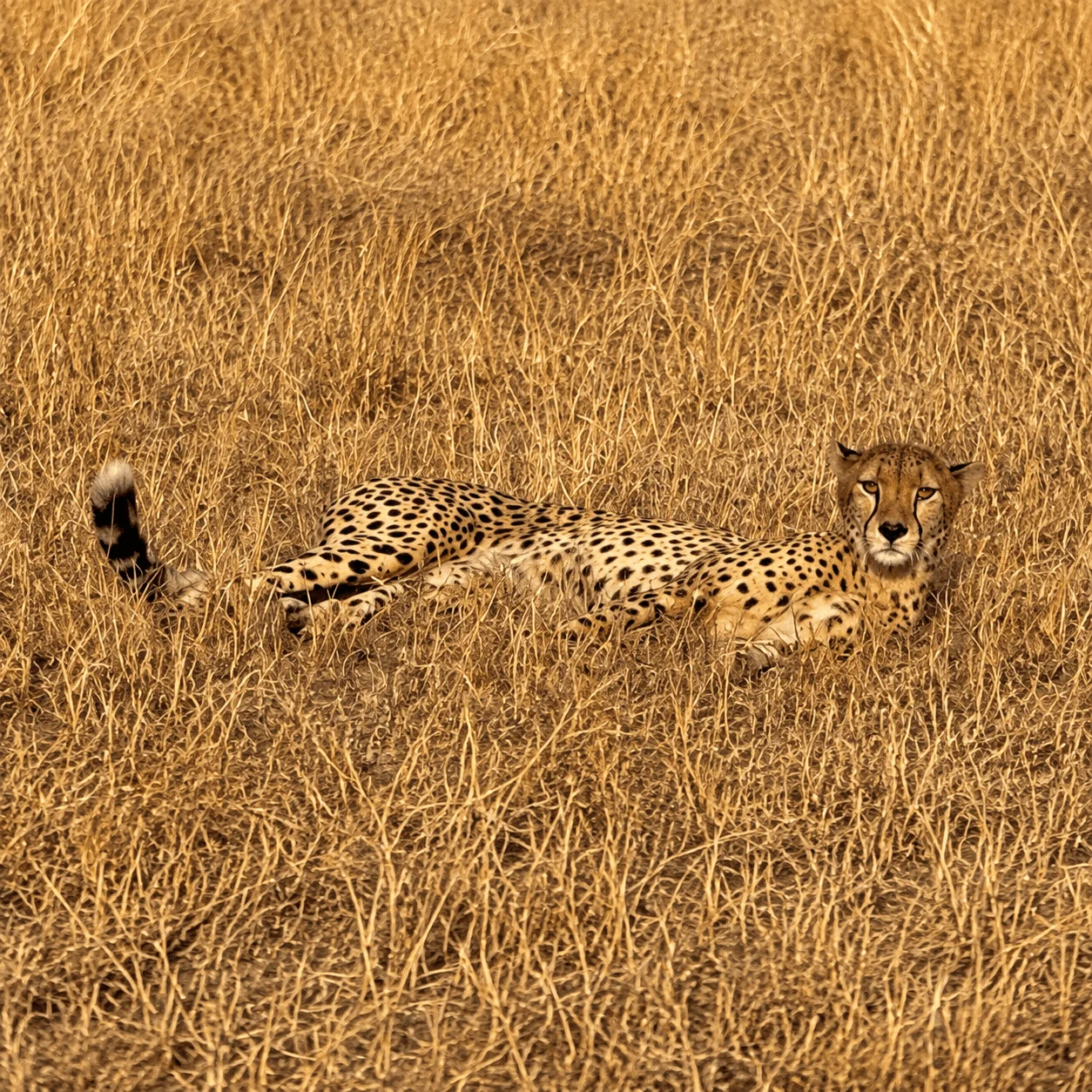 A cheetah resting in golden Serengeti grass